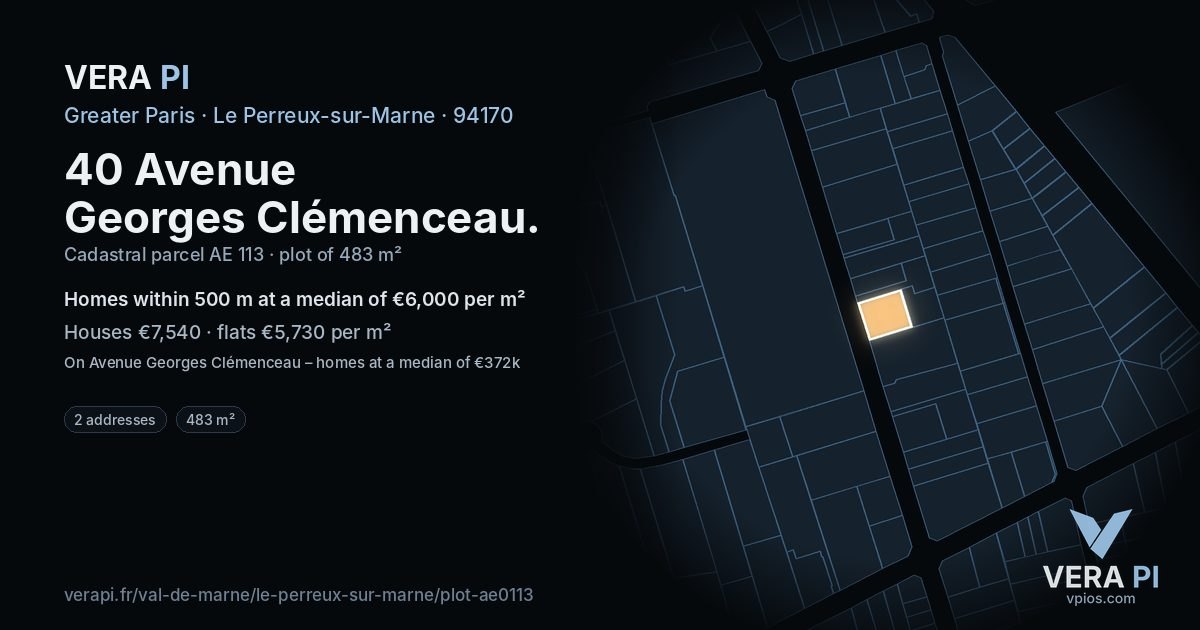 40 Avenue Georges Clémenceau, Le Perreux-sur-Marne at night – the plot lit, the parcels around coloured by the prices near them