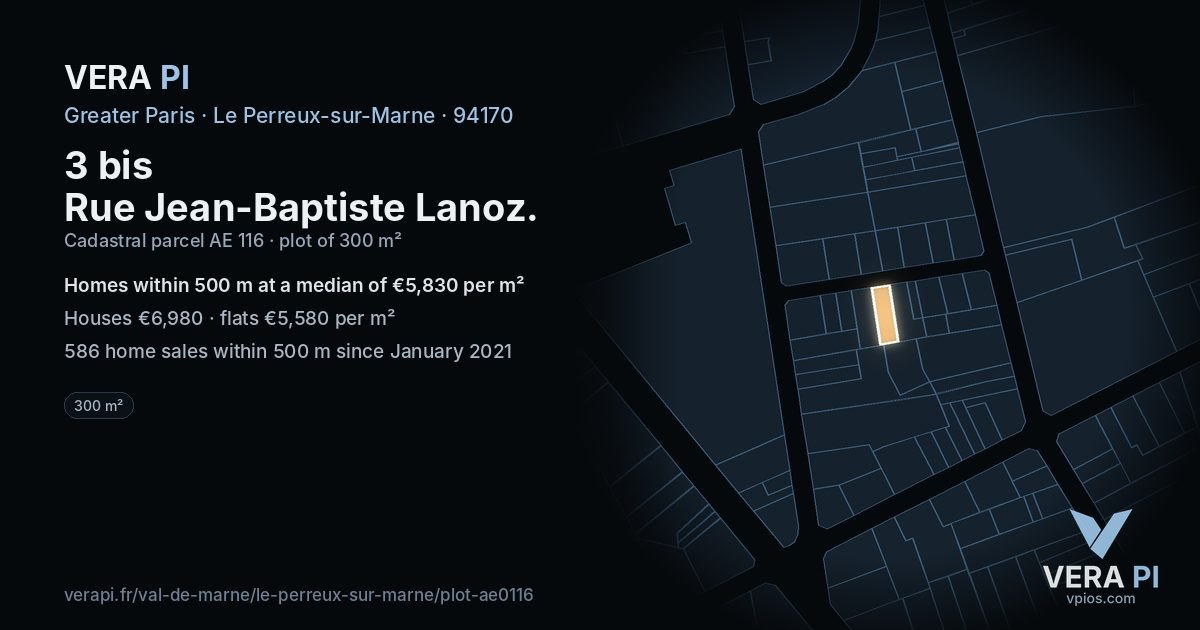 3 bis Rue Jean-Baptiste Lanoz, Le Perreux-sur-Marne at night – the plot lit, the parcels around coloured by the prices near them
