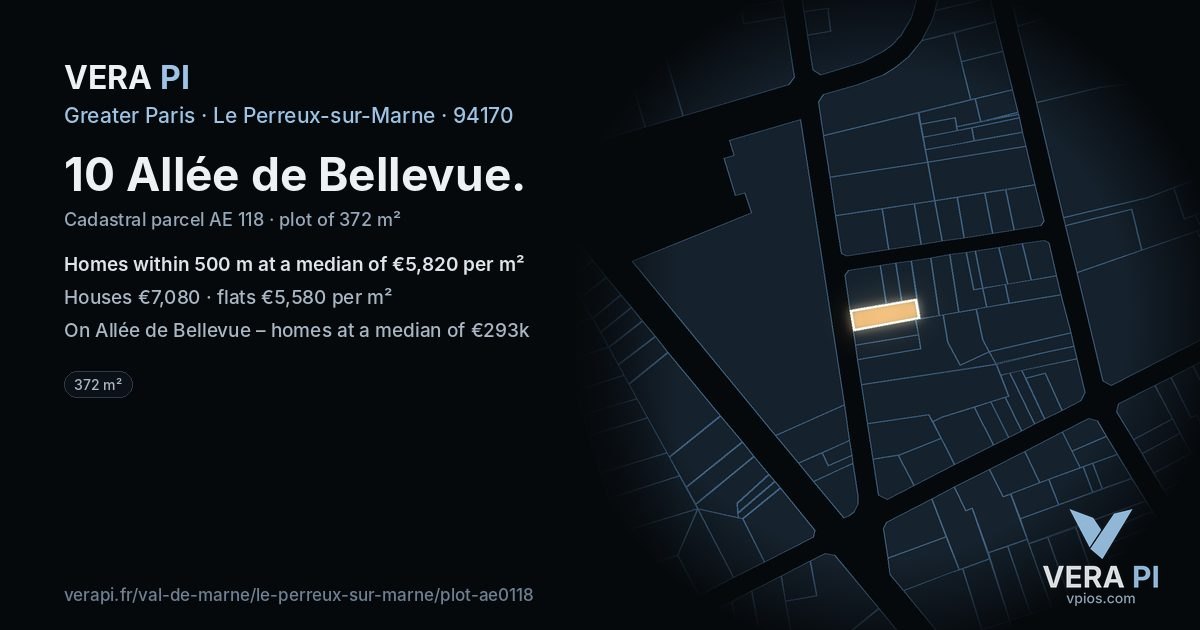 10 Allée de Bellevue, Le Perreux-sur-Marne at night – the plot lit, the parcels around coloured by the prices near them