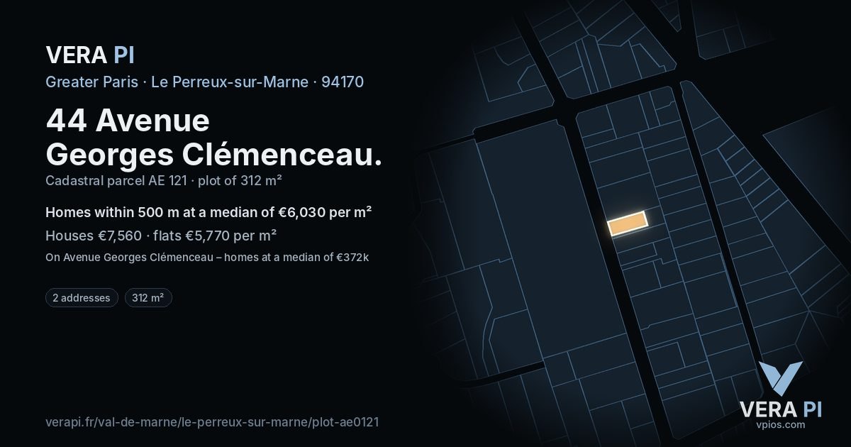 44 Avenue Georges Clémenceau, Le Perreux-sur-Marne at night – the plot lit, the parcels around coloured by the prices near them