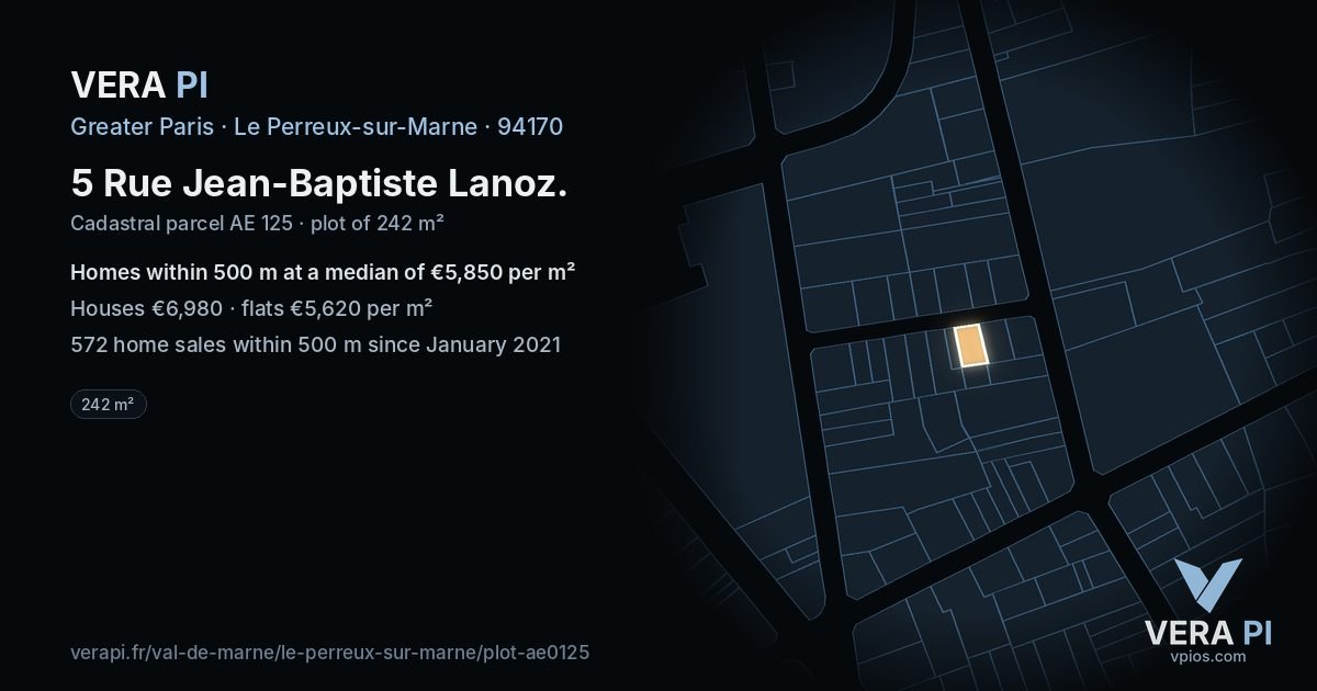 5 Rue Jean-Baptiste Lanoz, Le Perreux-sur-Marne at night – the plot lit, the parcels around coloured by the prices near them