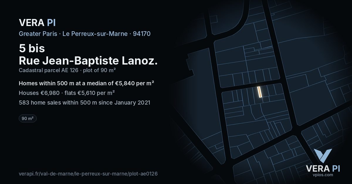5 bis Rue Jean-Baptiste Lanoz, Le Perreux-sur-Marne at night – the plot lit, the parcels around coloured by the prices near them