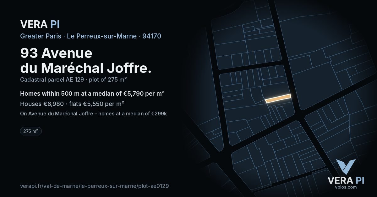 93 Avenue du Maréchal Joffre, Le Perreux-sur-Marne at night – the plot lit, the parcels around coloured by the prices near them