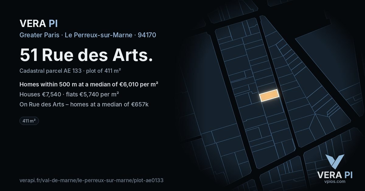 51 Rue des Arts, Le Perreux-sur-Marne at night – the plot lit, the parcels around coloured by the prices near them