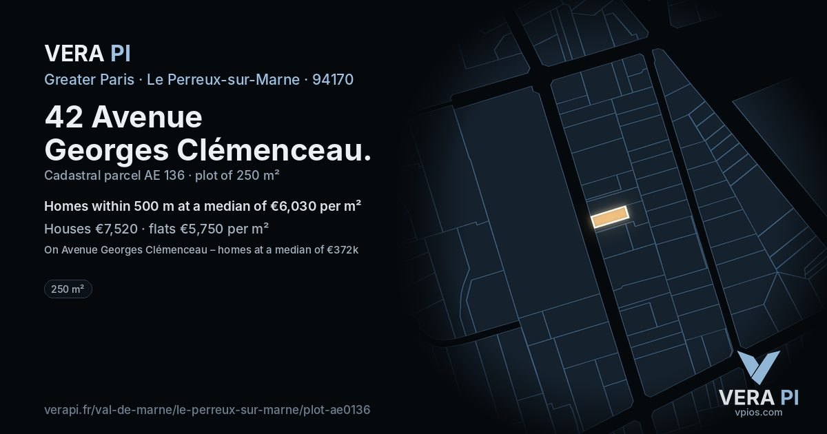 42 Avenue Georges Clémenceau, Le Perreux-sur-Marne at night – the plot lit, the parcels around coloured by the prices near them