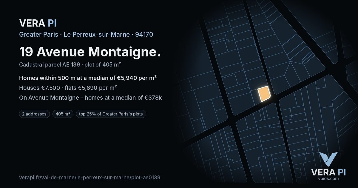 19 Avenue Montaigne, Le Perreux-sur-Marne at night – the plot lit, the parcels around coloured by the prices near them