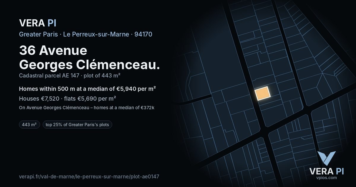 36 Avenue Georges Clémenceau, Le Perreux-sur-Marne at night – the plot lit, the parcels around coloured by the prices near them