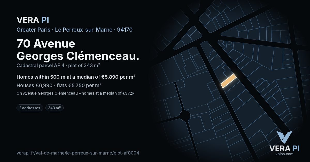 70 Avenue Georges Clémenceau, Le Perreux-sur-Marne at night – the plot lit, the parcels around coloured by the prices near them