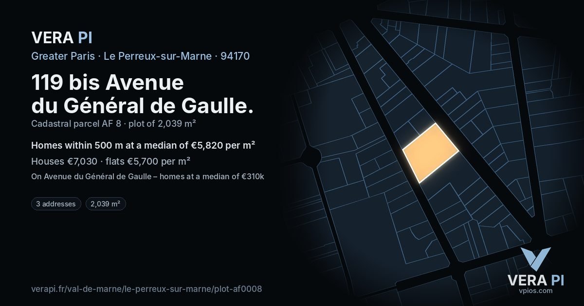 119 bis Avenue du Général de Gaulle, Le Perreux-sur-Marne at night – the plot lit, the parcels around coloured by the prices near them