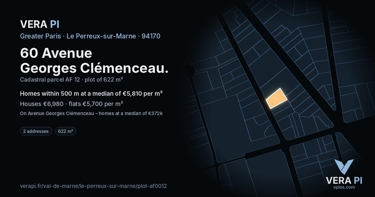 60 Avenue Georges Clémenceau, Le Perreux-sur-Marne at night – the plot lit, the parcels around coloured by the prices near them