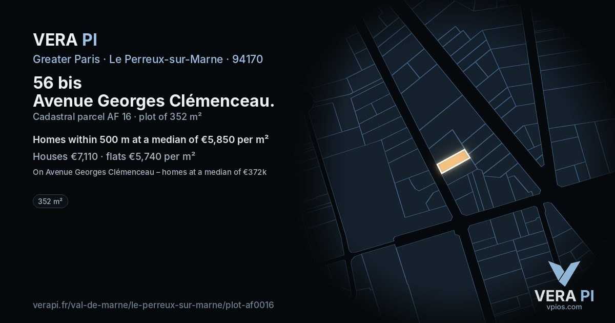 56 bis Avenue Georges Clémenceau, Le Perreux-sur-Marne at night – the plot lit, the parcels around coloured by the prices near them