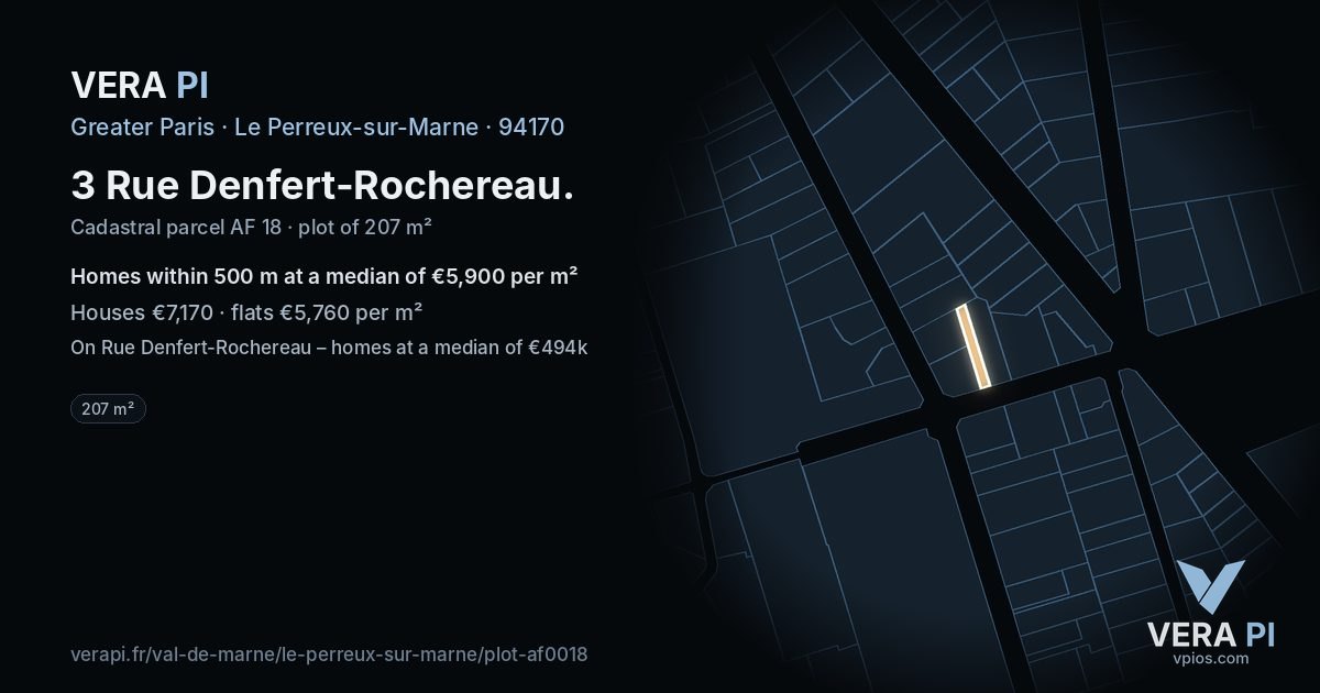 3 Rue Denfert-Rochereau, Le Perreux-sur-Marne at night – the plot lit, the parcels around coloured by the prices near them
