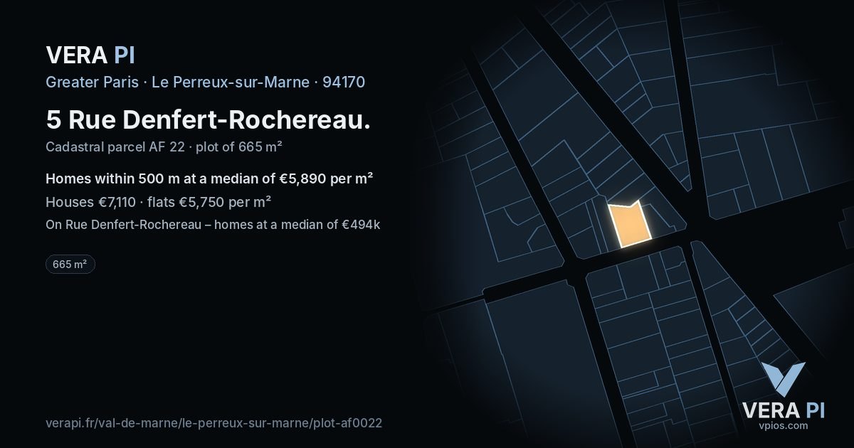 5 Rue Denfert-Rochereau, Le Perreux-sur-Marne at night – the plot lit, the parcels around coloured by the prices near them
