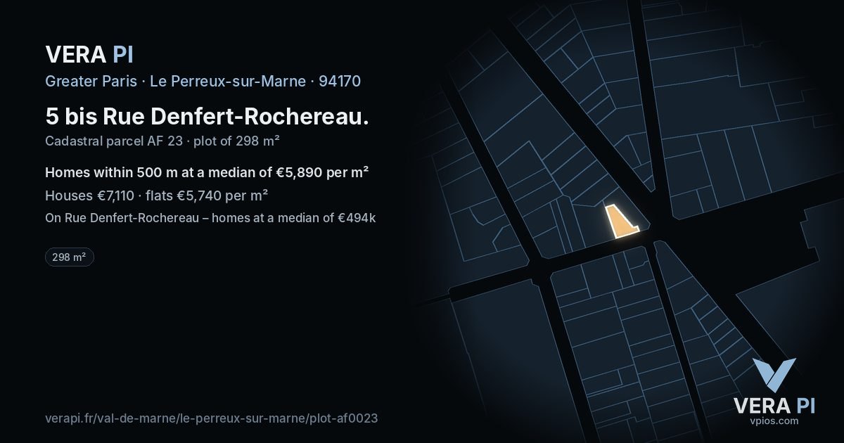 5 bis Rue Denfert-Rochereau, Le Perreux-sur-Marne at night – the plot lit, the parcels around coloured by the prices near them