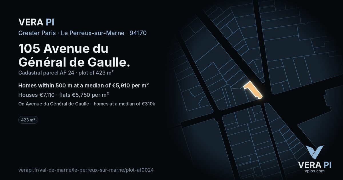105 Avenue du Général de Gaulle, Le Perreux-sur-Marne at night – the plot lit, the parcels around coloured by the prices near them