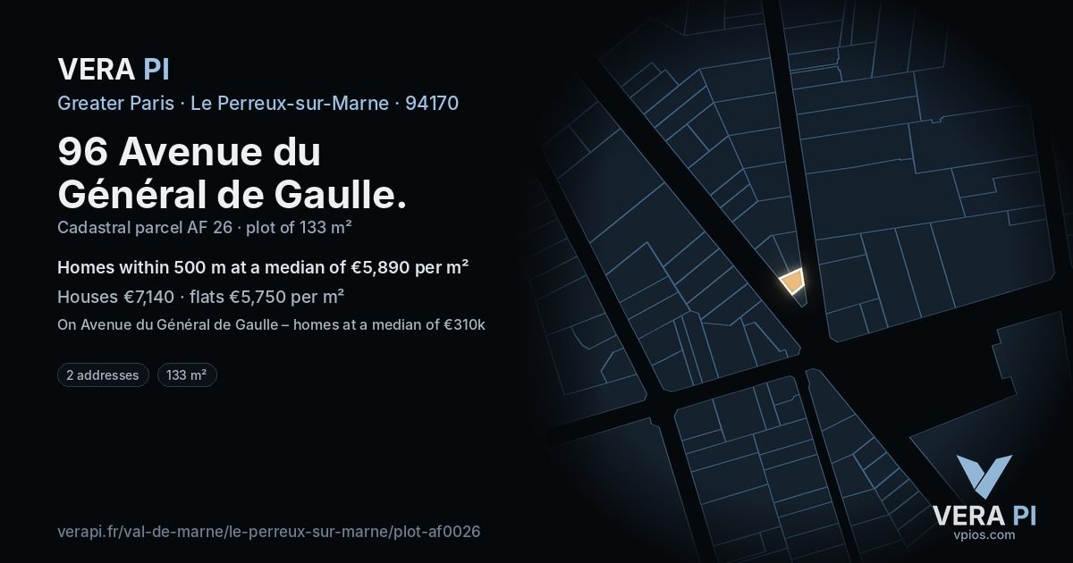96 Avenue du Général de Gaulle, Le Perreux-sur-Marne at night – the plot lit, the parcels around coloured by the prices near them