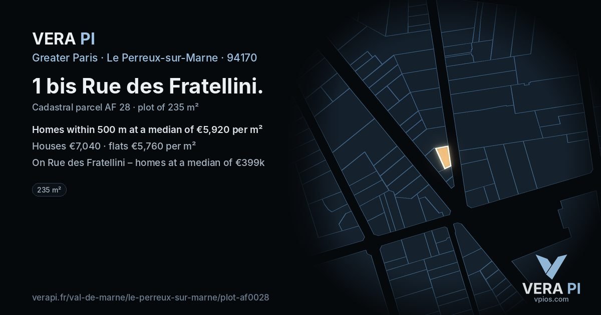 1 bis Rue des Fratellini, Le Perreux-sur-Marne at night – the plot lit, the parcels around coloured by the prices near them