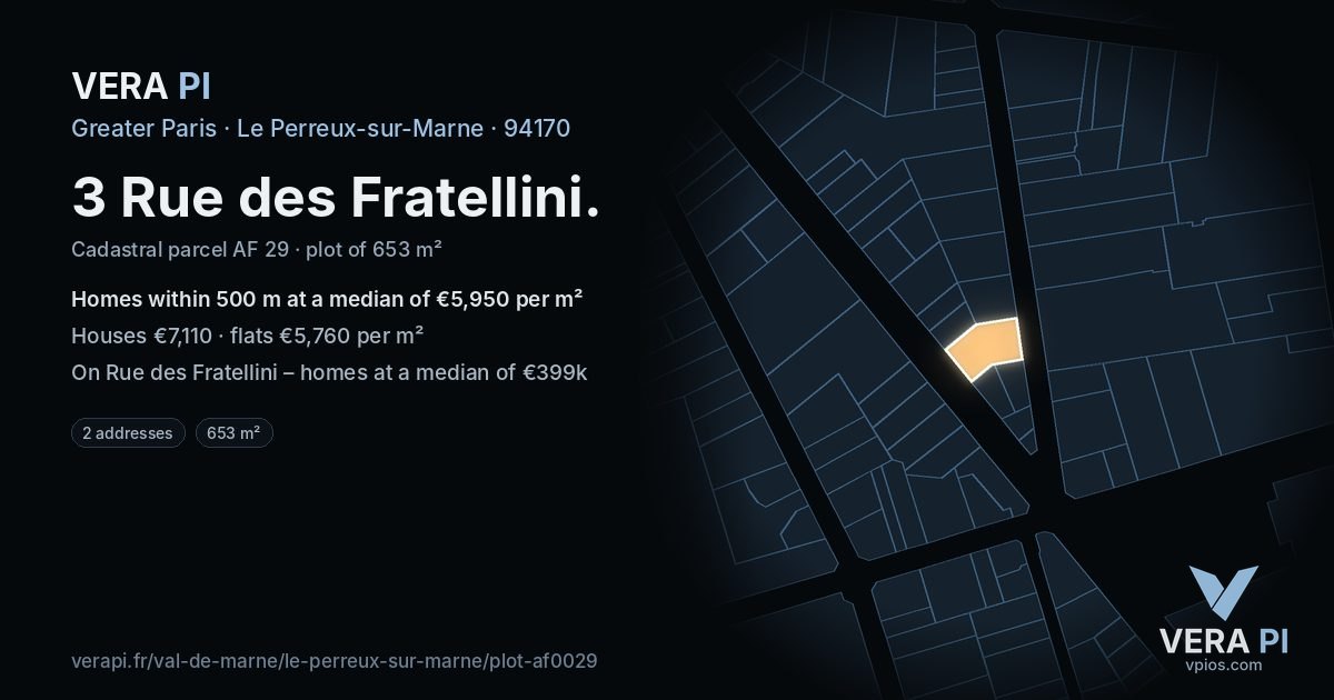 3 Rue des Fratellini, Le Perreux-sur-Marne at night – the plot lit, the parcels around coloured by the prices near them
