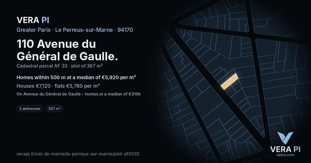 110 Avenue du Général de Gaulle, Le Perreux-sur-Marne at night – the plot lit, the parcels around coloured by the prices near them