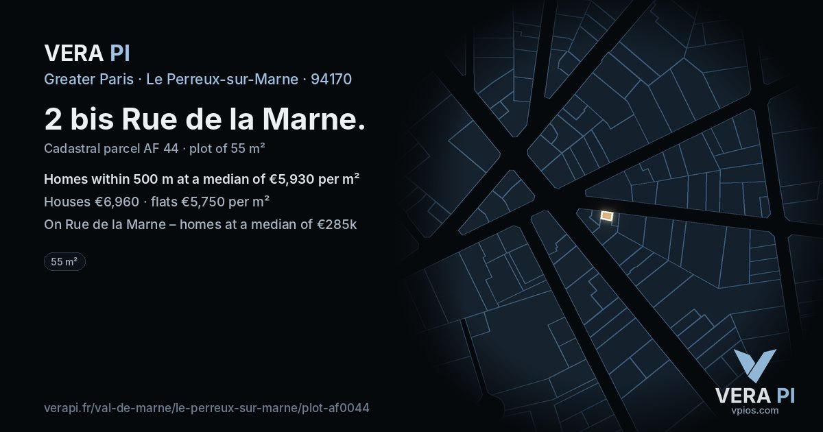 2 bis Rue de la Marne, Le Perreux-sur-Marne at night – the plot lit, the parcels around coloured by the prices near them