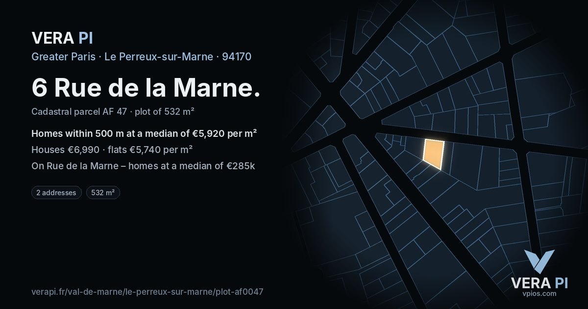 6 Rue de la Marne, Le Perreux-sur-Marne at night – the plot lit, the parcels around coloured by the prices near them