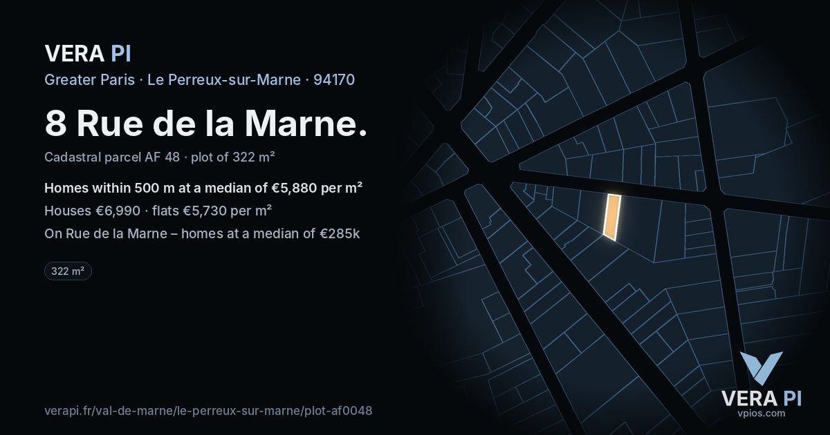 8 Rue de la Marne, Le Perreux-sur-Marne at night – the plot lit, the parcels around coloured by the prices near them