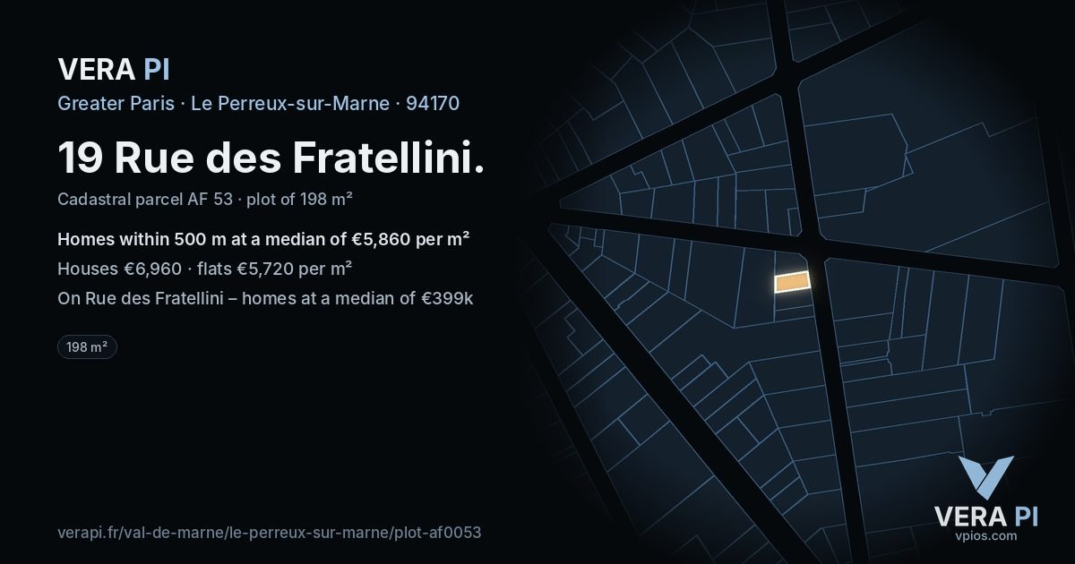 19 Rue des Fratellini, Le Perreux-sur-Marne at night – the plot lit, the parcels around coloured by the prices near them