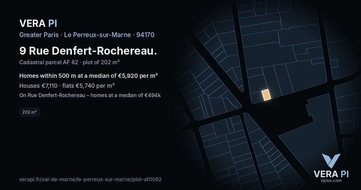 9 Rue Denfert-Rochereau, Le Perreux-sur-Marne at night – the plot lit, the parcels around coloured by the prices near them
