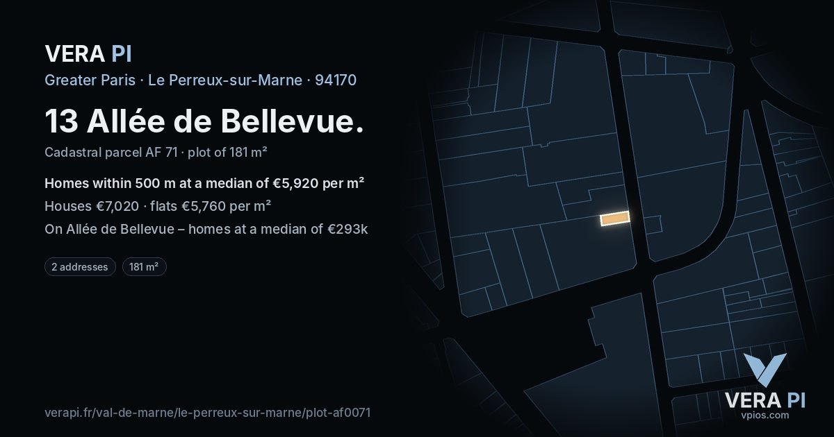 13 Allée de Bellevue, Le Perreux-sur-Marne at night – the plot lit, the parcels around coloured by the prices near them