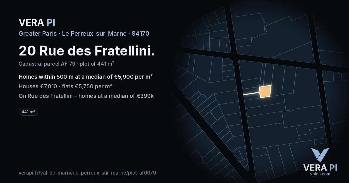 20 Rue des Fratellini, Le Perreux-sur-Marne at night – the plot lit, the parcels around coloured by the prices near them
