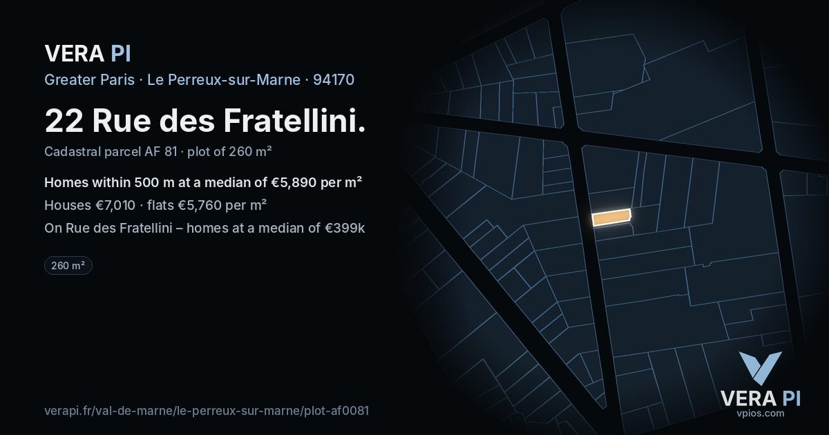 22 Rue des Fratellini, Le Perreux-sur-Marne at night – the plot lit, the parcels around coloured by the prices near them