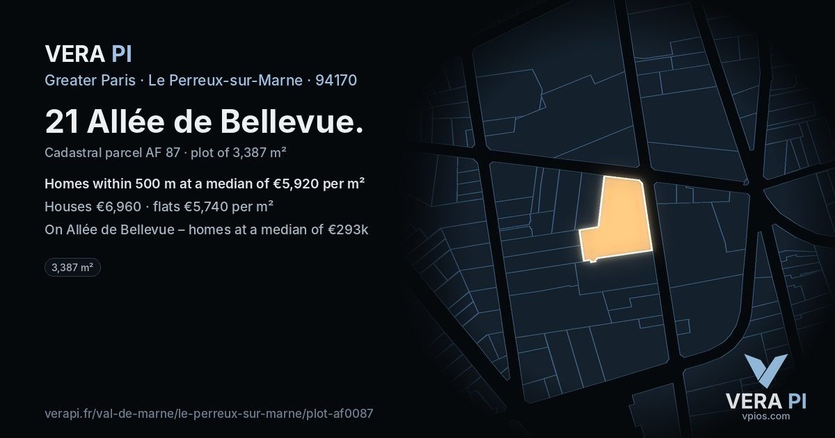 21 Allée de Bellevue, Le Perreux-sur-Marne at night – the plot lit, the parcels around coloured by the prices near them