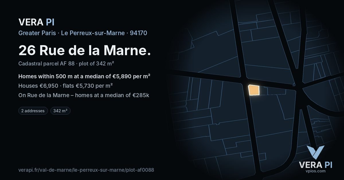 26 Rue de la Marne, Le Perreux-sur-Marne at night – the plot lit, the parcels around coloured by the prices near them