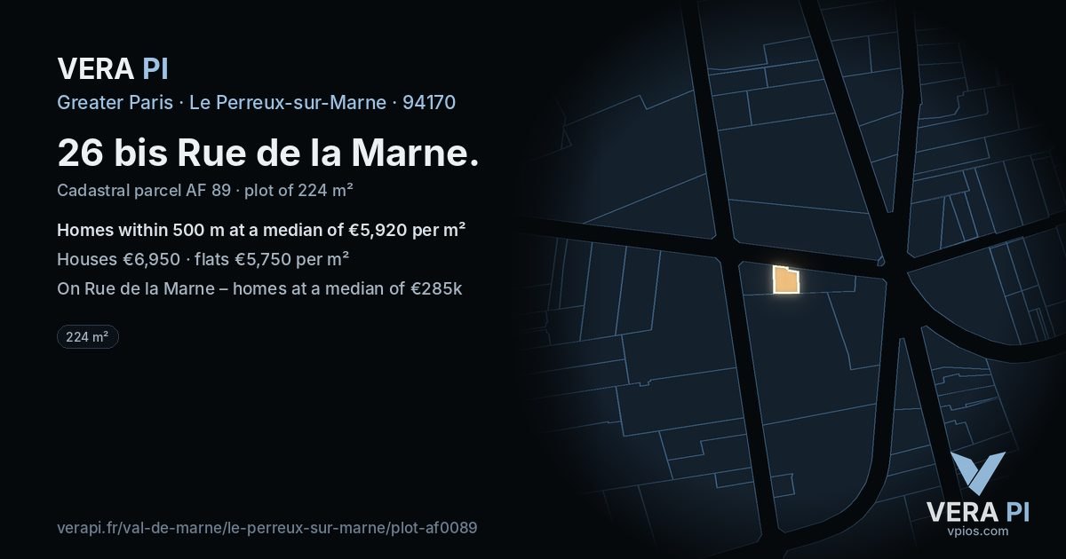 26 bis Rue de la Marne, Le Perreux-sur-Marne at night – the plot lit, the parcels around coloured by the prices near them