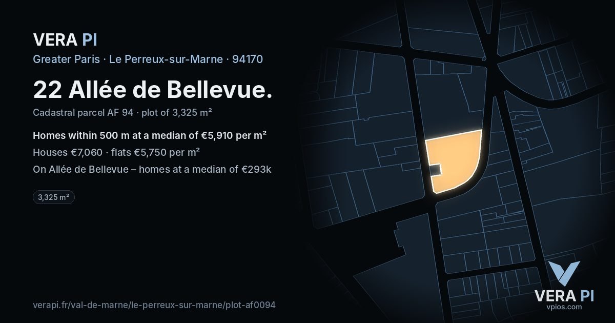 22 Allée de Bellevue, Le Perreux-sur-Marne at night – the plot lit, the parcels around coloured by the prices near them