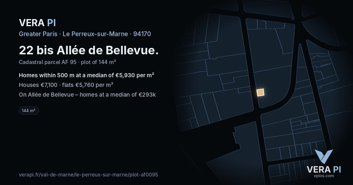 22 bis Allée de Bellevue, Le Perreux-sur-Marne at night – the plot lit, the parcels around coloured by the prices near them