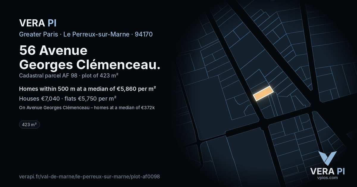 56 Avenue Georges Clémenceau, Le Perreux-sur-Marne at night – the plot lit, the parcels around coloured by the prices near them