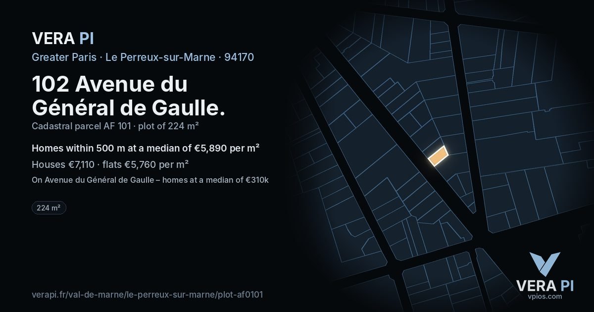 102 Avenue du Général de Gaulle, Le Perreux-sur-Marne at night – the plot lit, the parcels around coloured by the prices near them