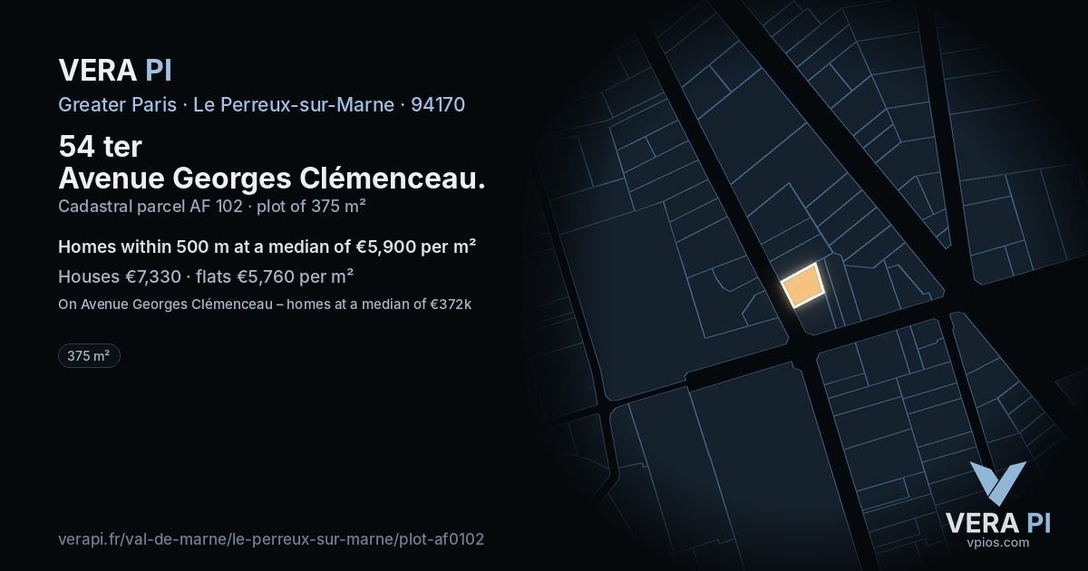 54 ter Avenue Georges Clémenceau, Le Perreux-sur-Marne at night – the plot lit, the parcels around coloured by the prices near them