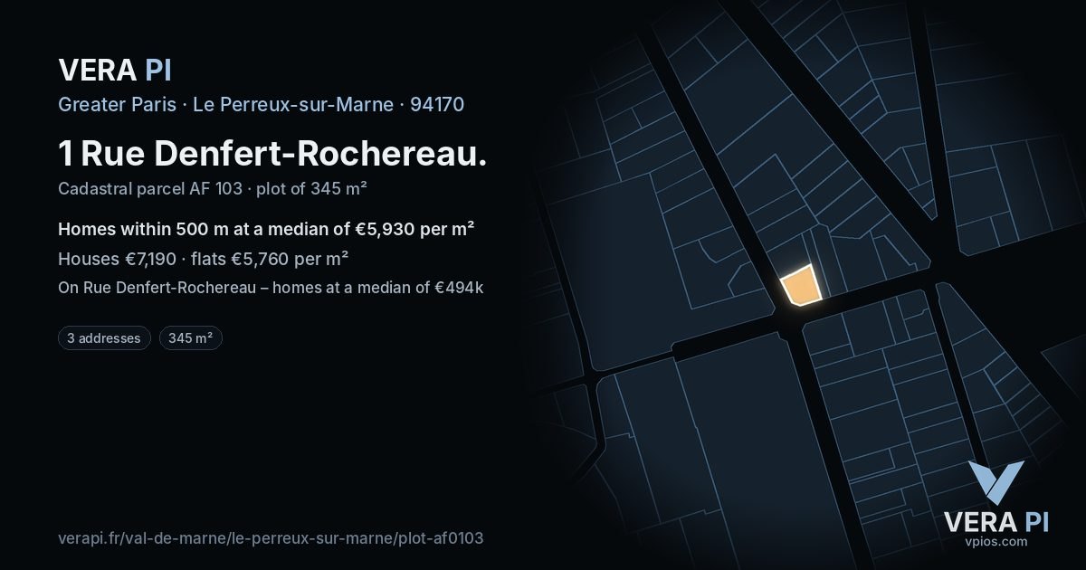 1 Rue Denfert-Rochereau, Le Perreux-sur-Marne at night – the plot lit, the parcels around coloured by the prices near them
