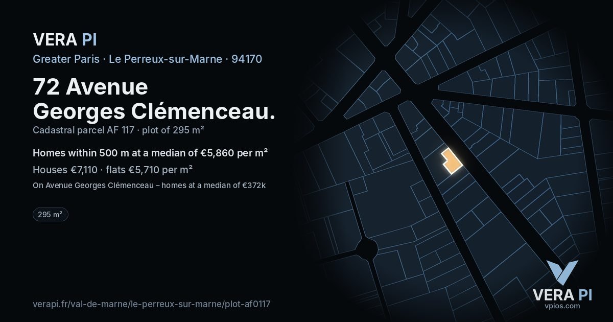 72 Avenue Georges Clémenceau, Le Perreux-sur-Marne at night – the plot lit, the parcels around coloured by the prices near them