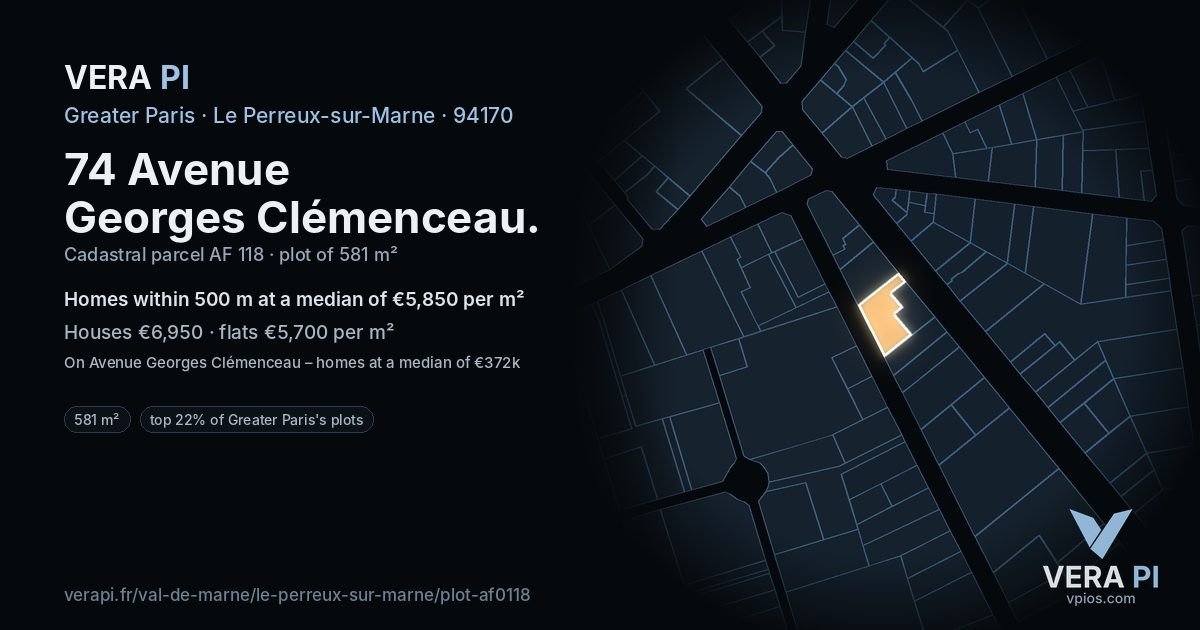 74 Avenue Georges Clémenceau, Le Perreux-sur-Marne at night – the plot lit, the parcels around coloured by the prices near them