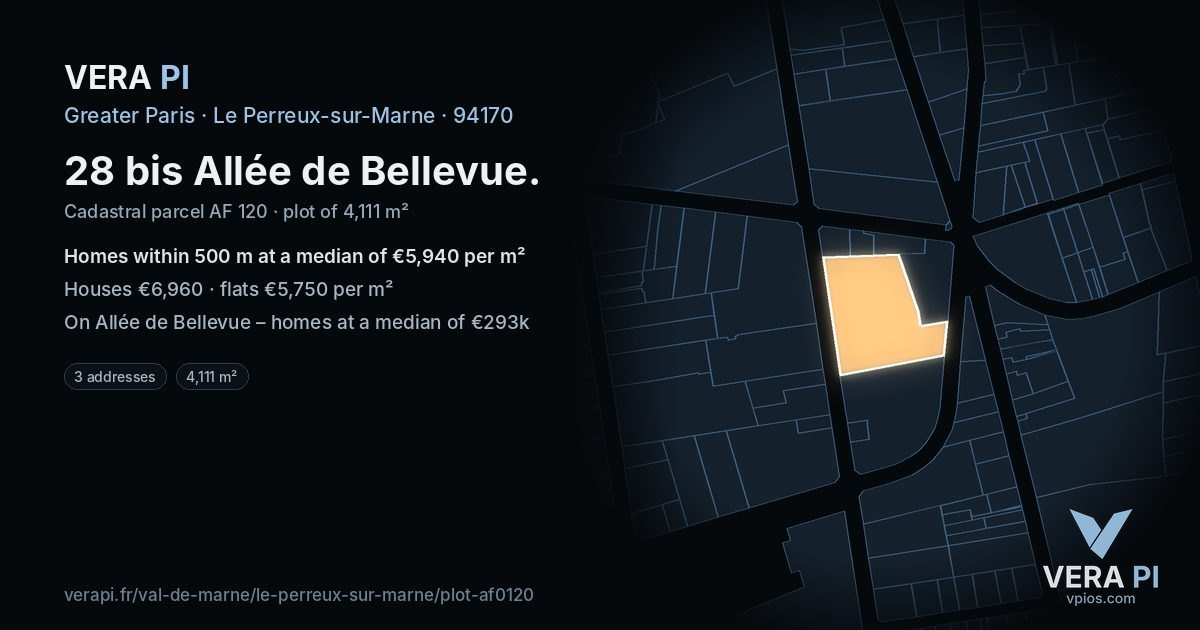 28 bis Allée de Bellevue, Le Perreux-sur-Marne at night – the plot lit, the parcels around coloured by the prices near them