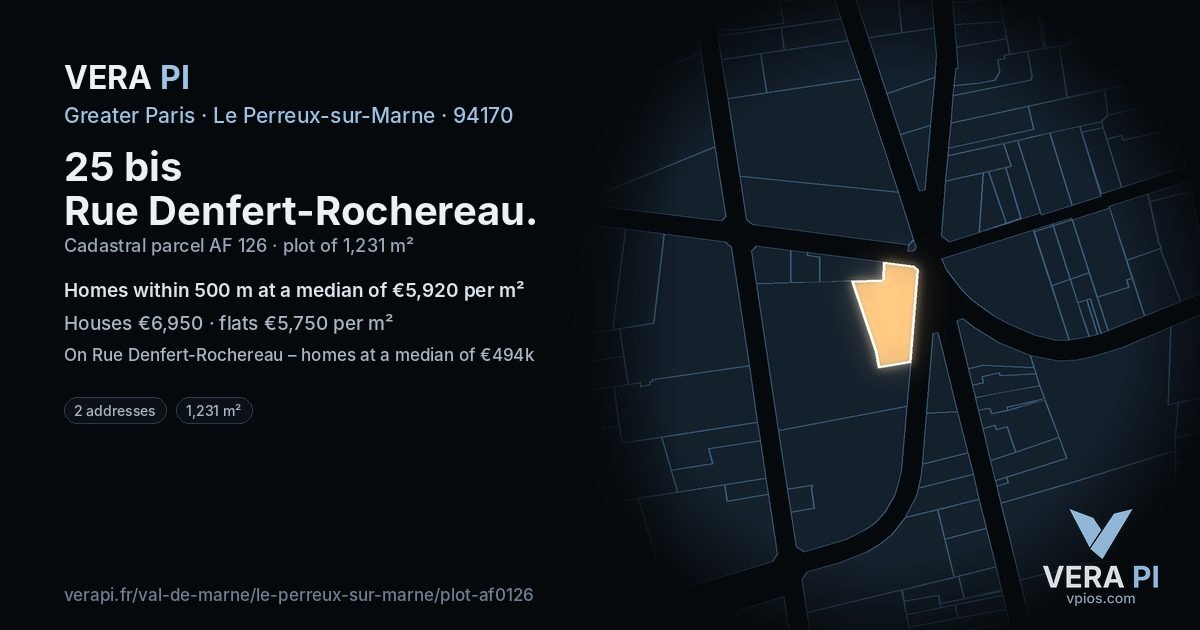 25 bis Rue Denfert-Rochereau, Le Perreux-sur-Marne at night – the plot lit, the parcels around coloured by the prices near them