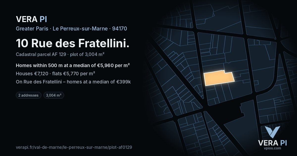 10 Rue des Fratellini, Le Perreux-sur-Marne at night – the plot lit, the parcels around coloured by the prices near them
