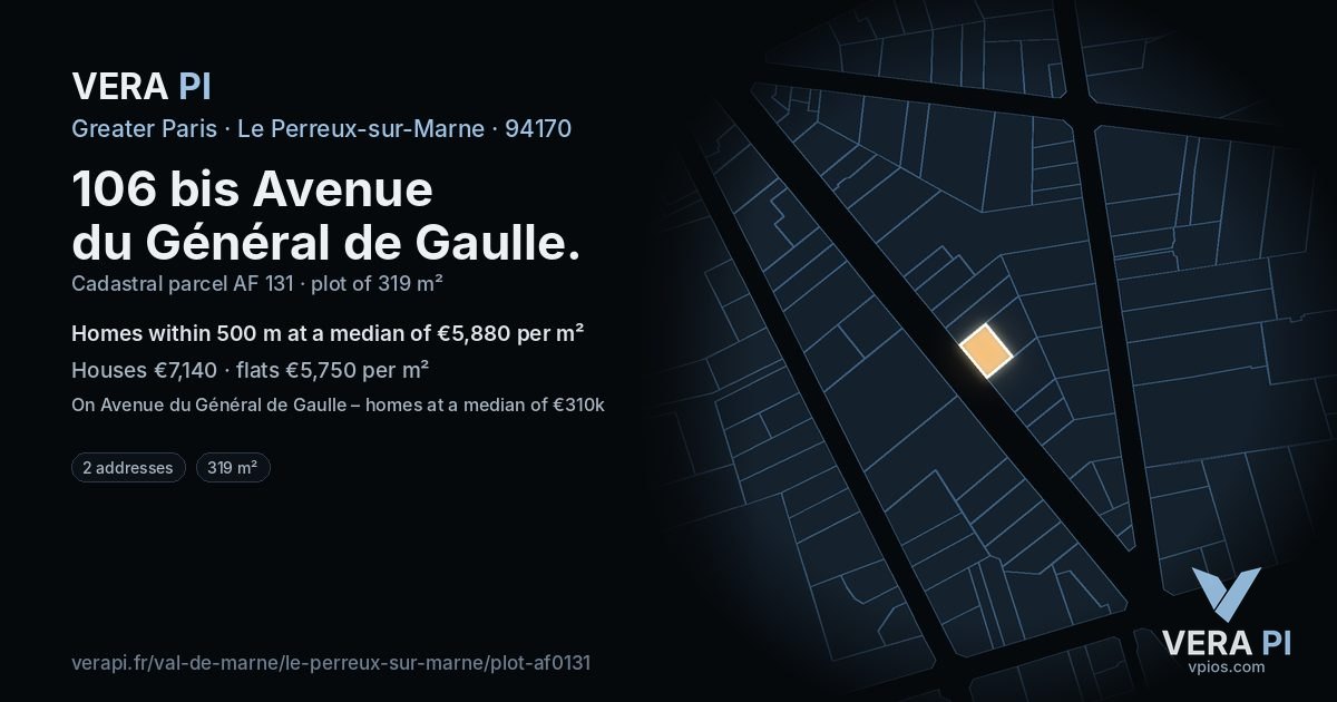 106 bis Avenue du Général de Gaulle, Le Perreux-sur-Marne at night – the plot lit, the parcels around coloured by the prices near them