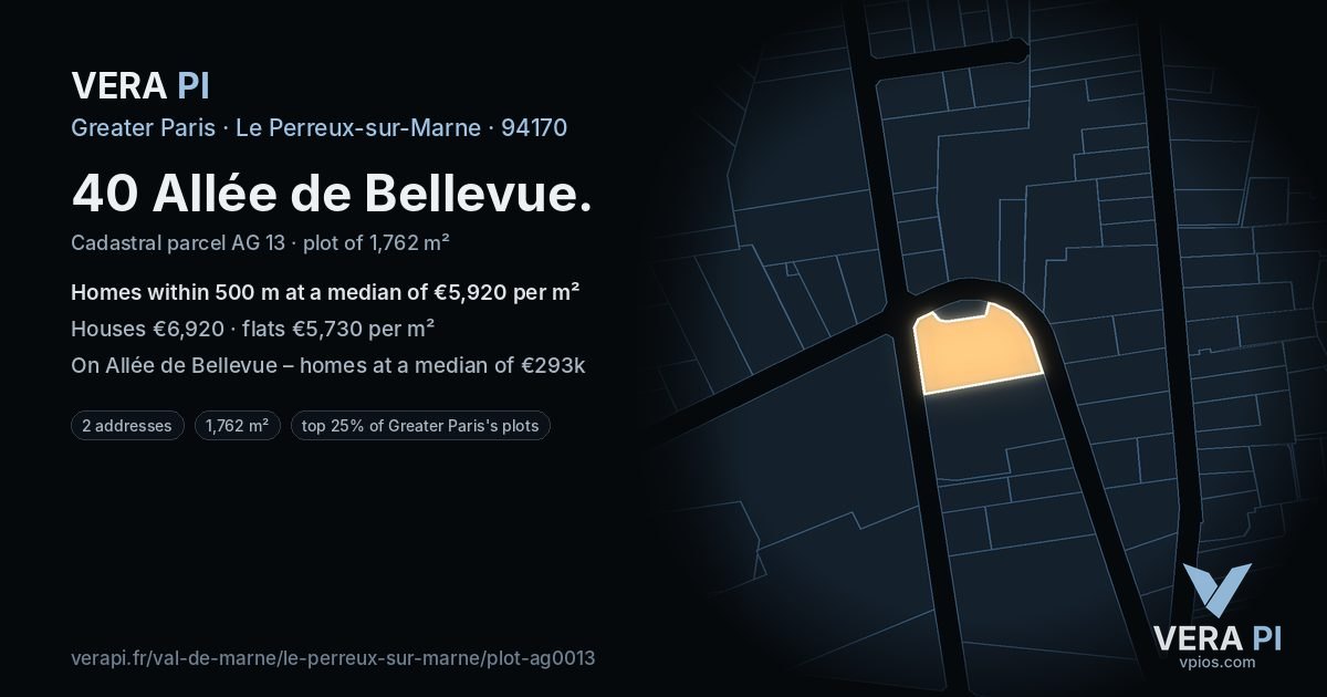 40 Allée de Bellevue, Le Perreux-sur-Marne at night – the plot lit, the parcels around coloured by the prices near them
