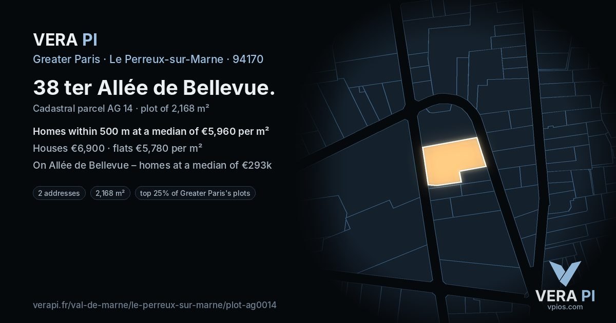 38 ter Allée de Bellevue, Le Perreux-sur-Marne at night – the plot lit, the parcels around coloured by the prices near them