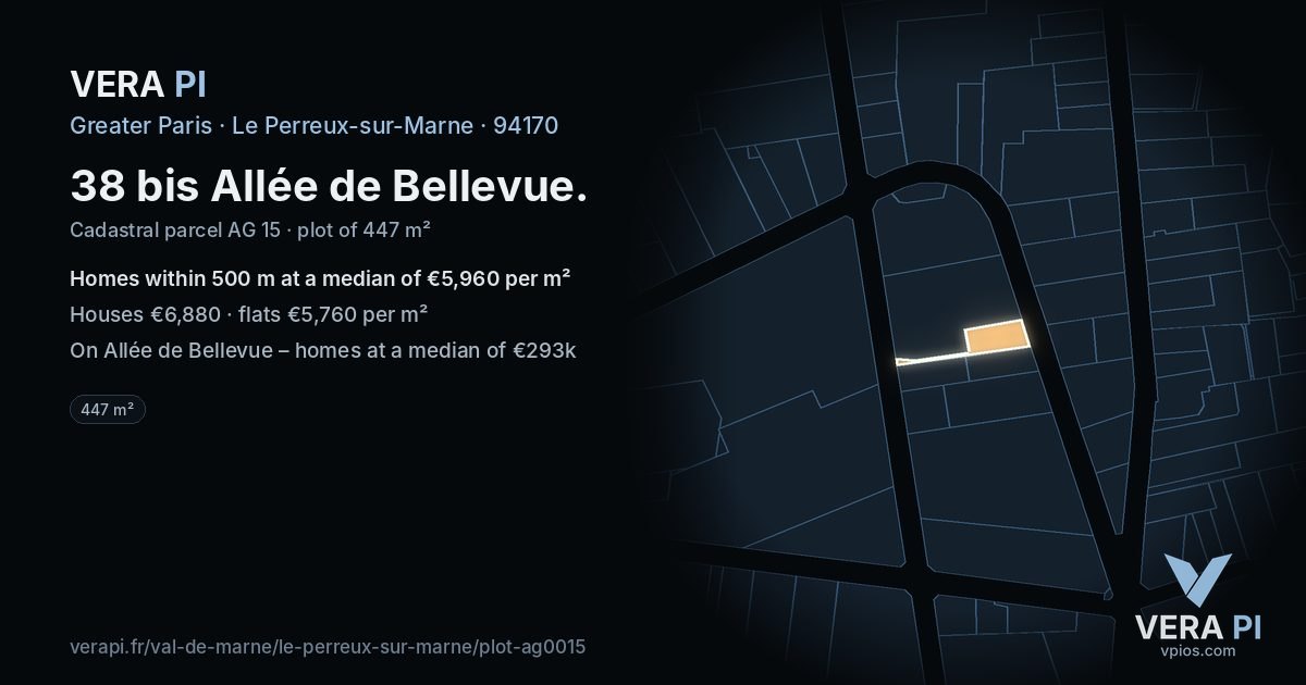 38 bis Allée de Bellevue, Le Perreux-sur-Marne at night – the plot lit, the parcels around coloured by the prices near them