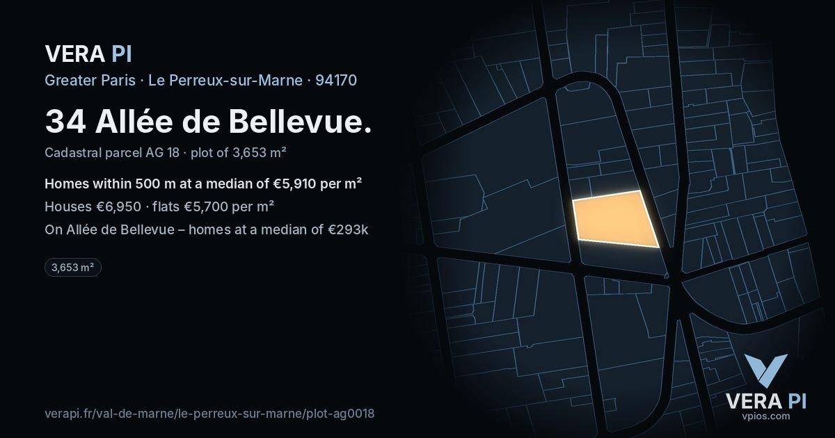 34 Allée de Bellevue, Le Perreux-sur-Marne at night – the plot lit, the parcels around coloured by the prices near them